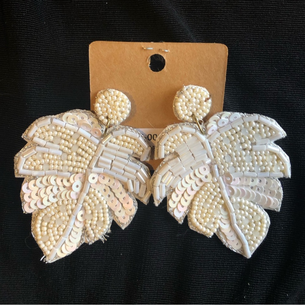White beaded monstera leaf earrings- huge and fun!